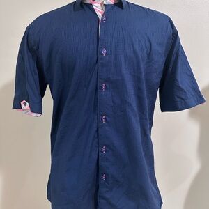 Maceoo Men's Galileo Labyrinth Collar Short Sleeve Shirt Color-Blue/Neon Pink L